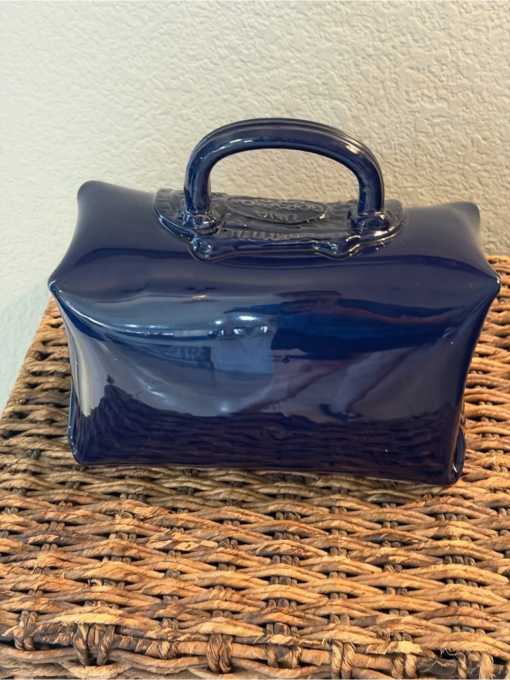 Vintage Italian Ceramic Handbag Sculpture Cobalt Blue Floral Purse Decor 10x6x4”